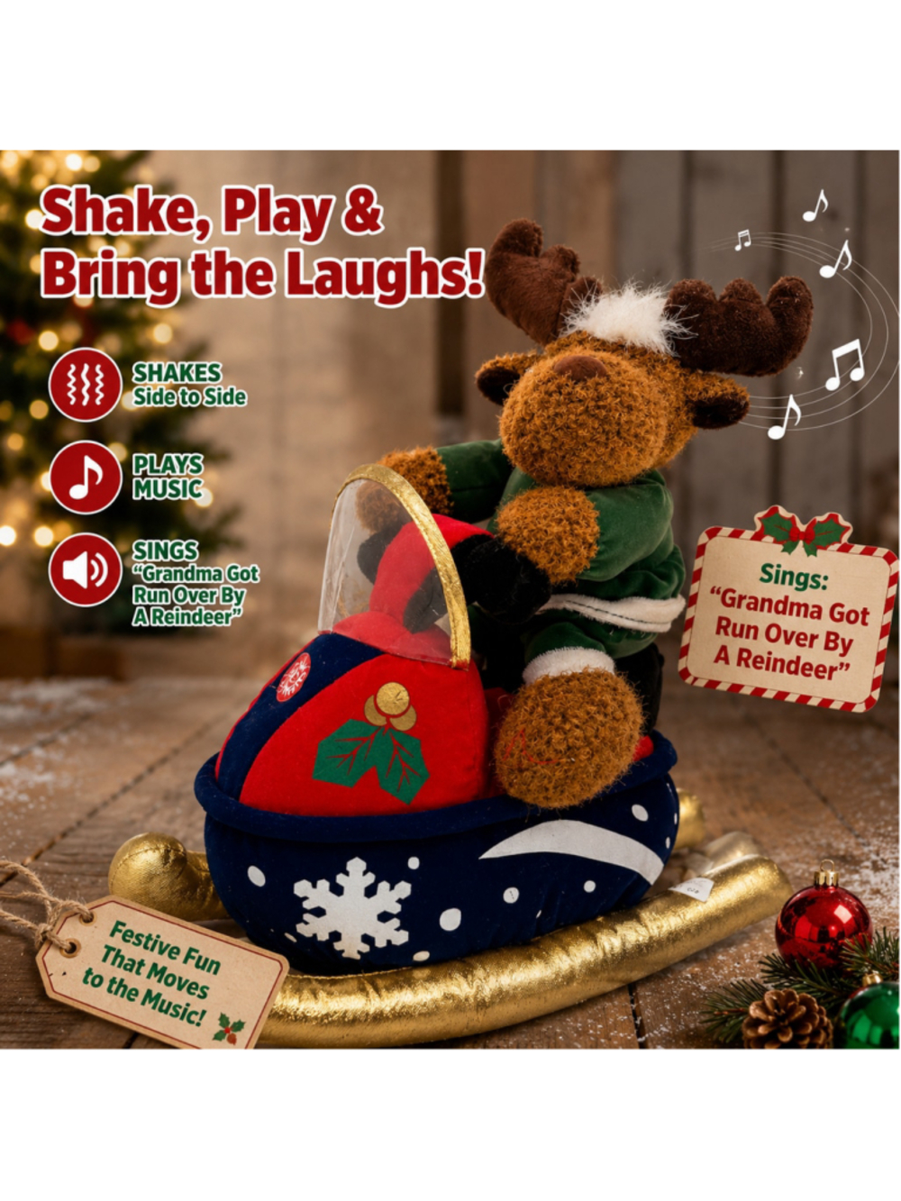 Dan Dee Main Joy Musical Christmas Moose Snowmobile Animated Shakes Sings